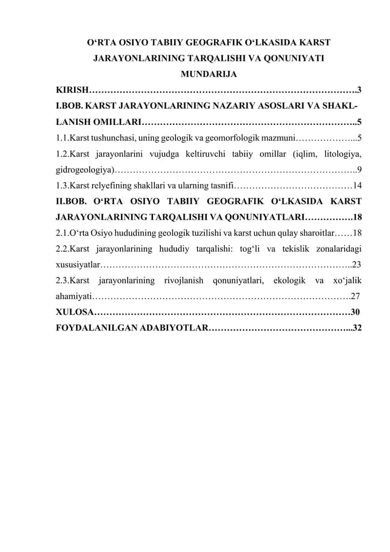 O‘RTA OSIYO TABIIY GEOGRAFIK O‘LKASIDA KARST JARAYONLARINING TARQALISHI VA QONUNIYATI 1