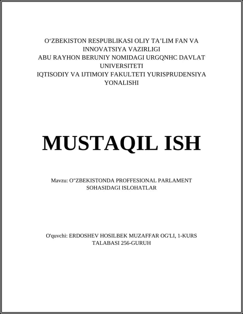O'ZBEKISTONDA PROFFESIONAL PARLAMENT SOHASIDAGI ISLOHATLAR 1