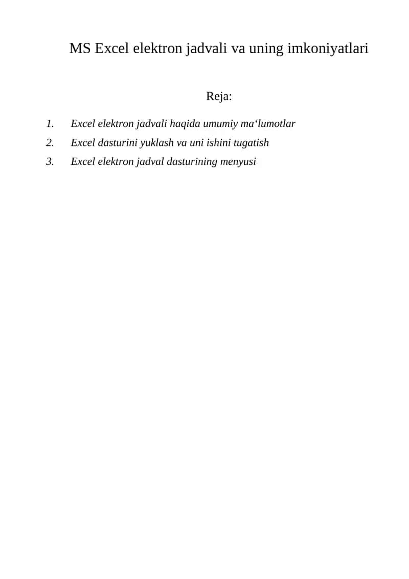 Excel elektron jadvali va uning imkoniyatlari 1