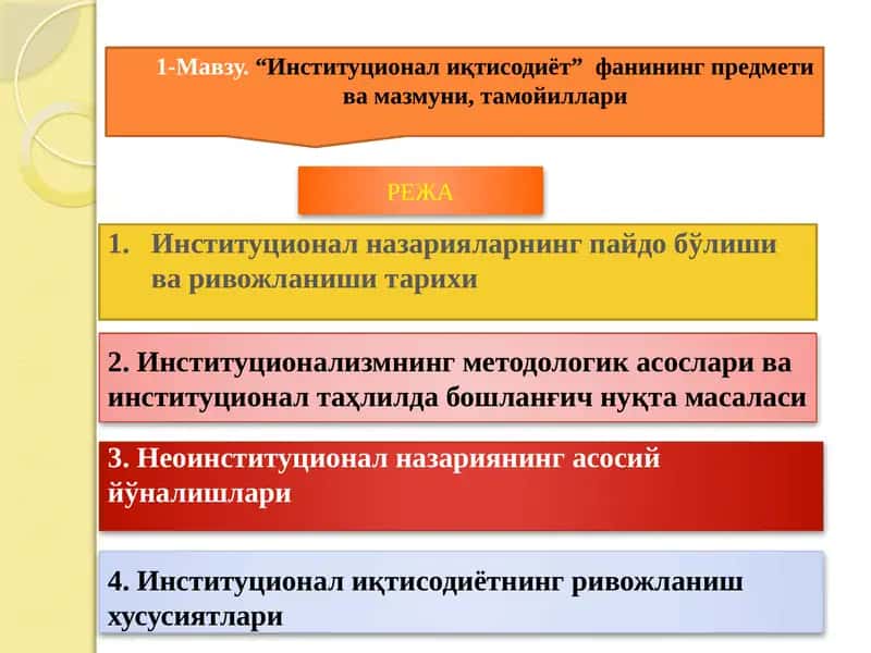 “Институционал иқтисодиёт” фанининг предмети ва мазмуни, тамойиллари 1