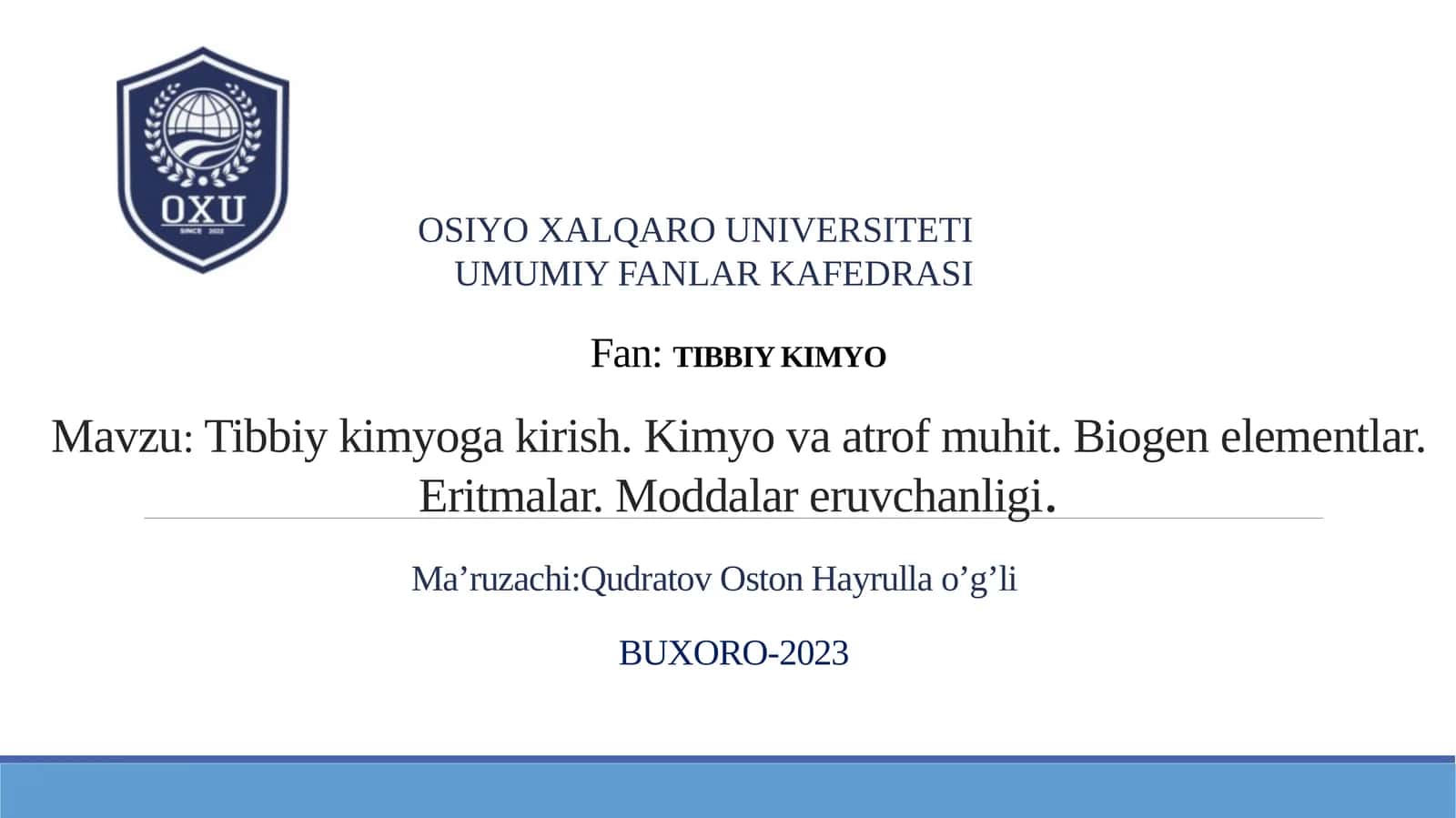 Tibbiy kimyoga kirish. Kimyo va atrof muhit. Biogenelementlar. Eritmalar. Moddalar eruvchanligi 1