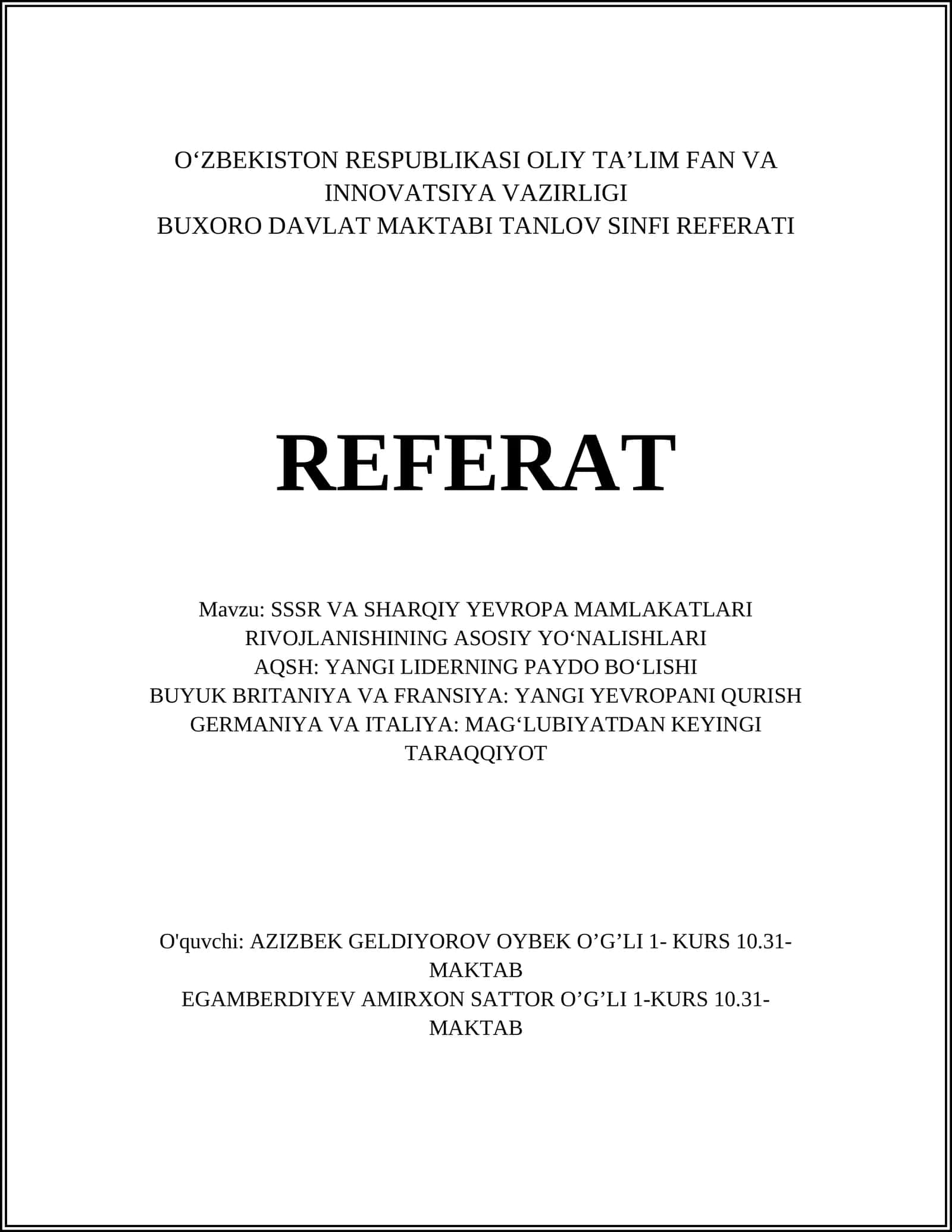 BUXORO DAVLAT MAKTABI TANLOV SINFI REFERATI 1