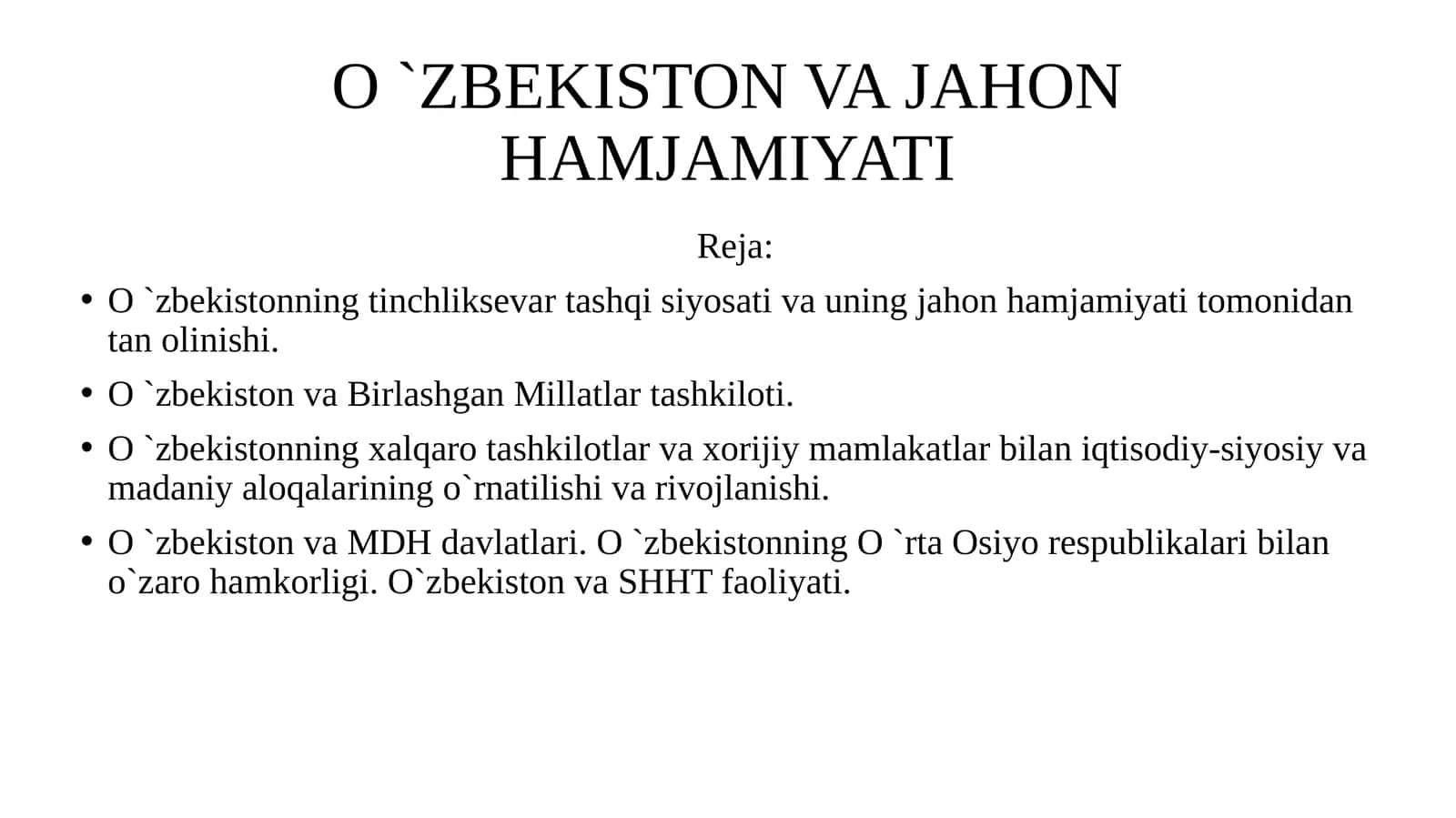 O `ZBEKISTON VA JAHON HAMJAMIYATI 1