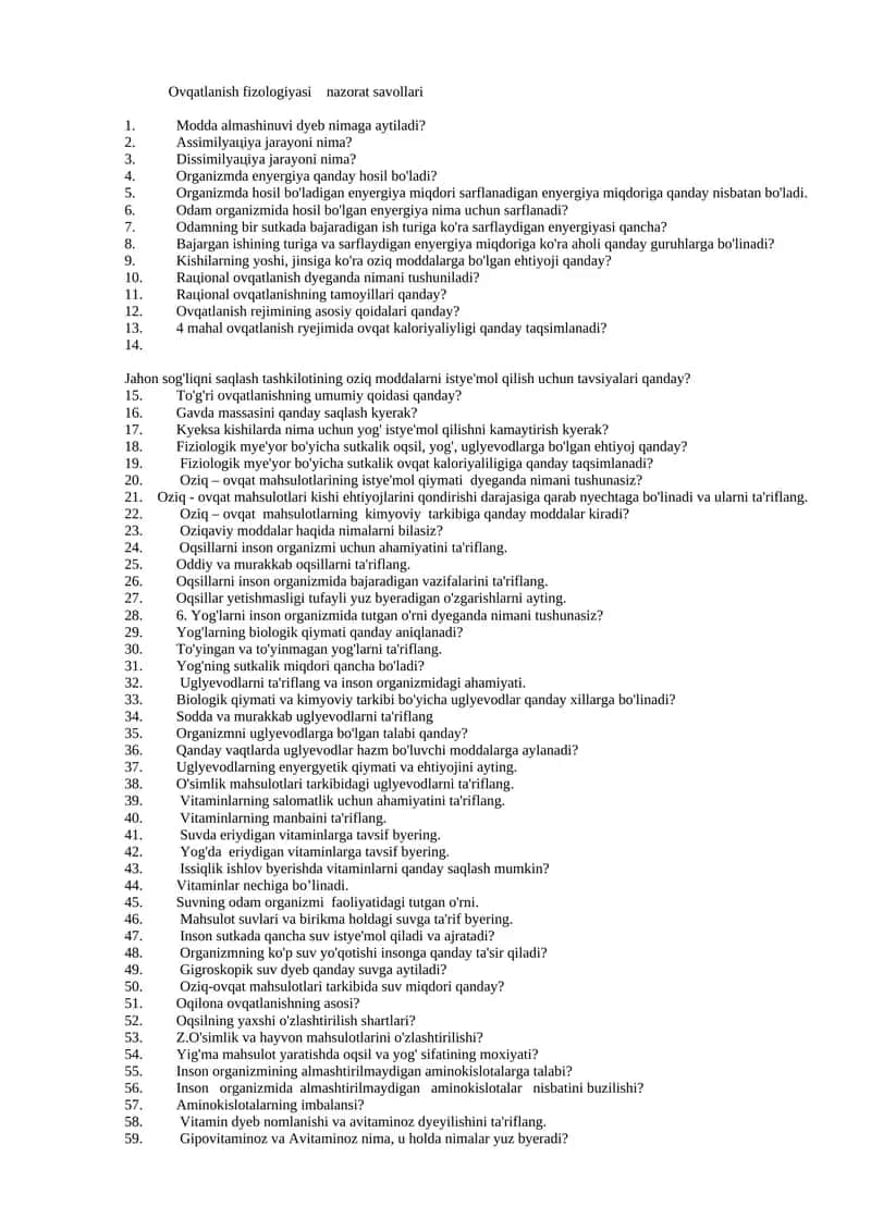 Ovqatlanish fizologiyasi nazorat savollari 1