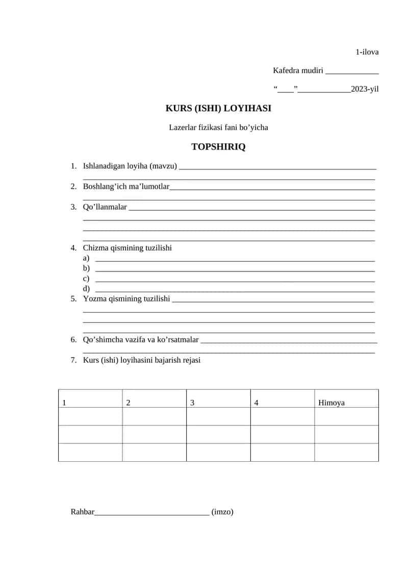 Lazerlar fizikasi fani bo’yicha KURS (ISHI) LOYIHASI 1