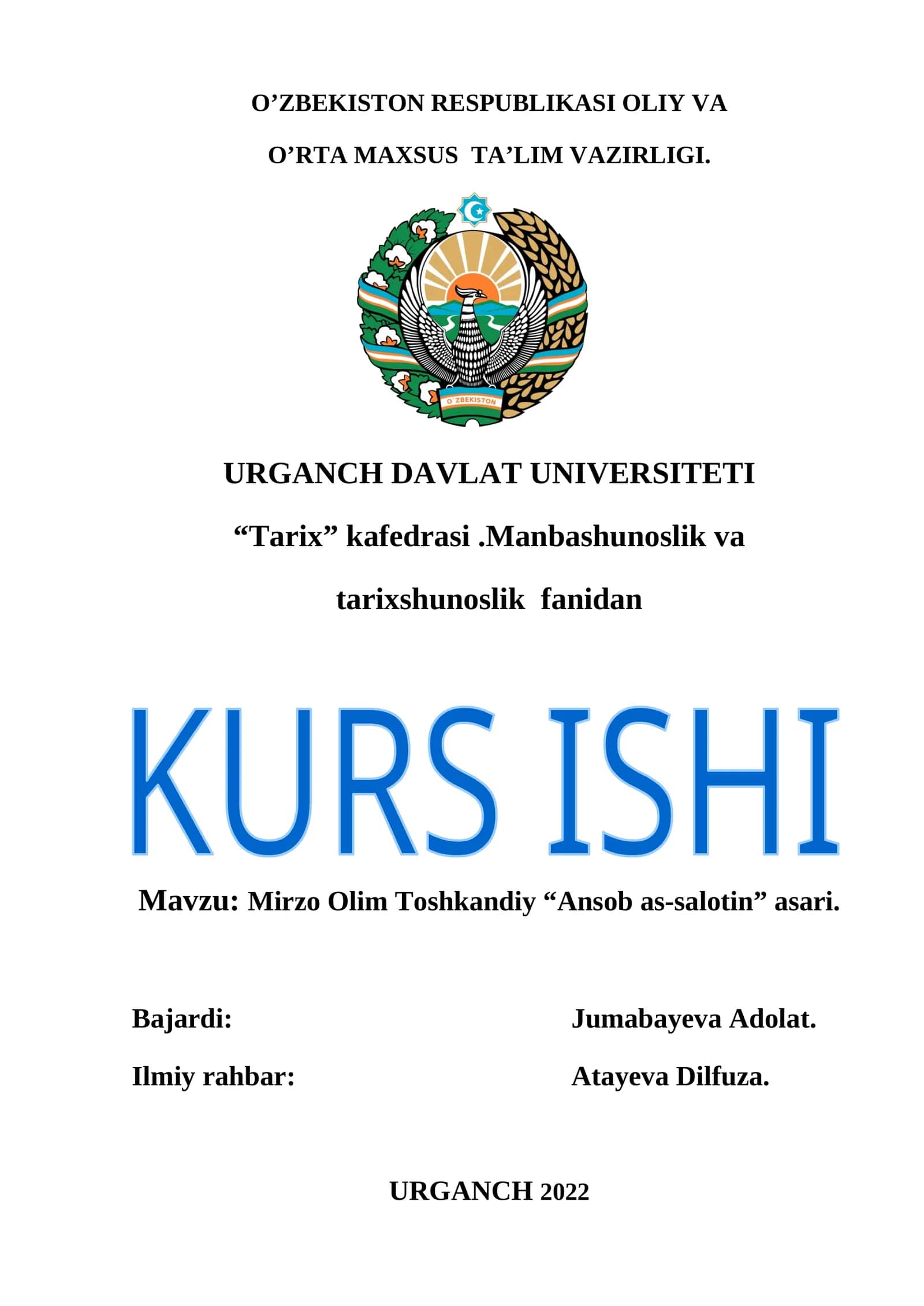 Mirzo Olim Toshkandiy “Ansob as-salotin” asari 1
