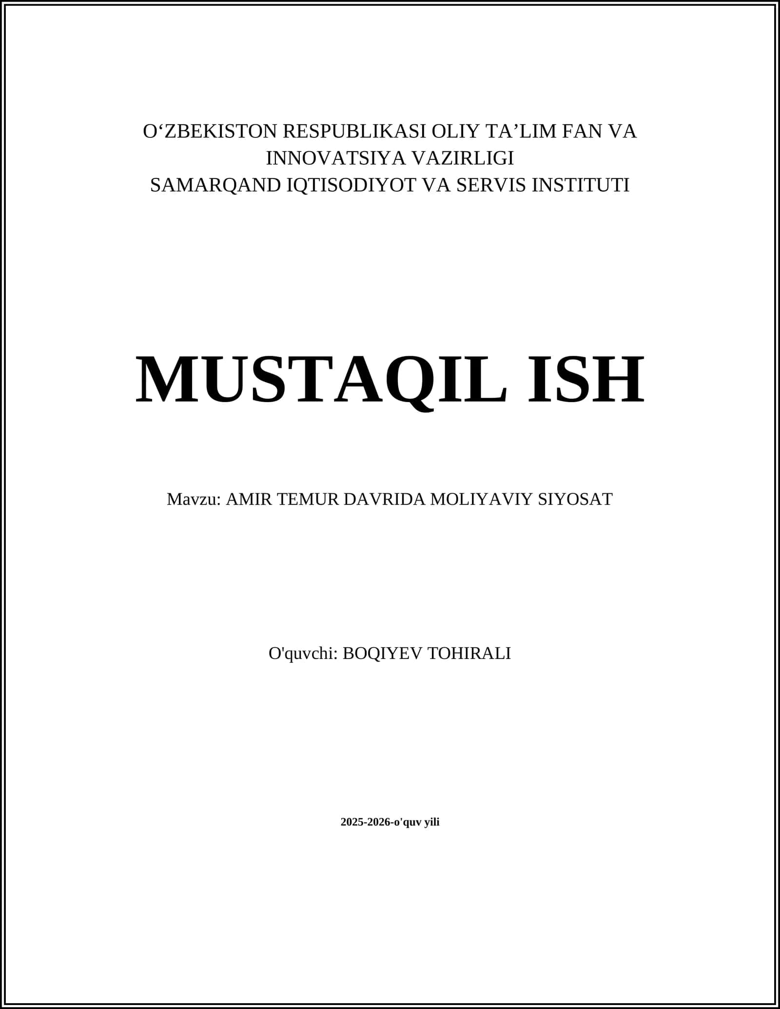 AMIR TEMUR DAVRIDA MOLIYAVIY SIYOSAT 1