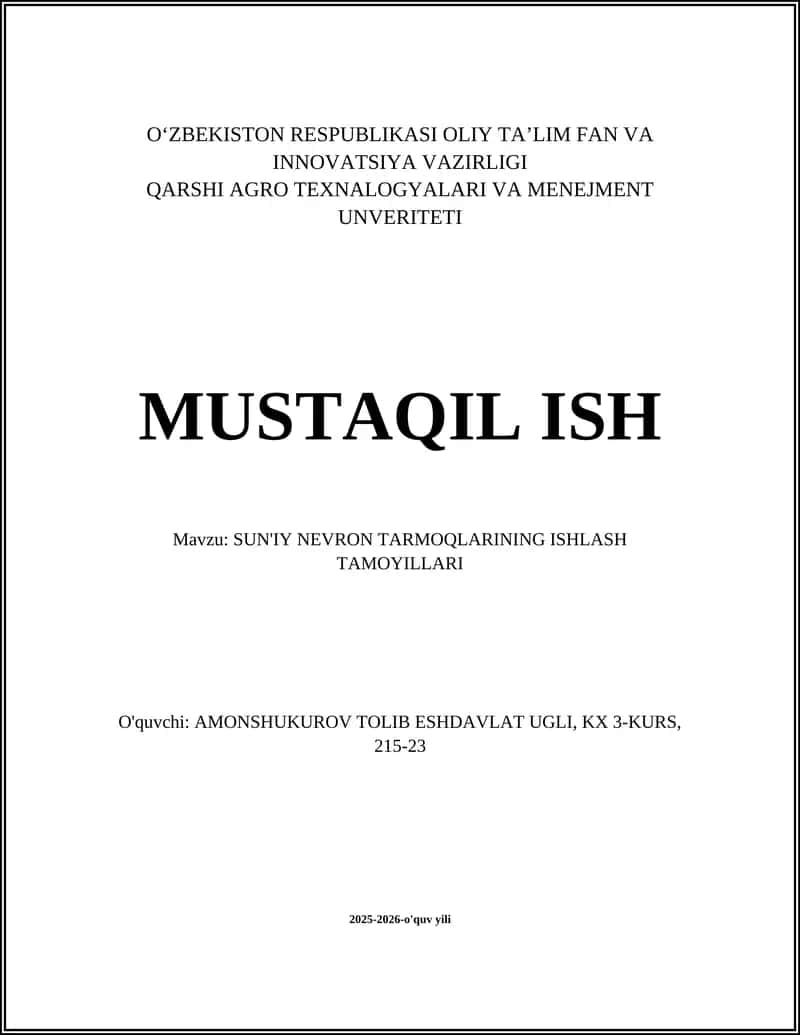 SUN'IY NEVRON TARMOQLARINING ISHLASH TAMOYILLARI 1