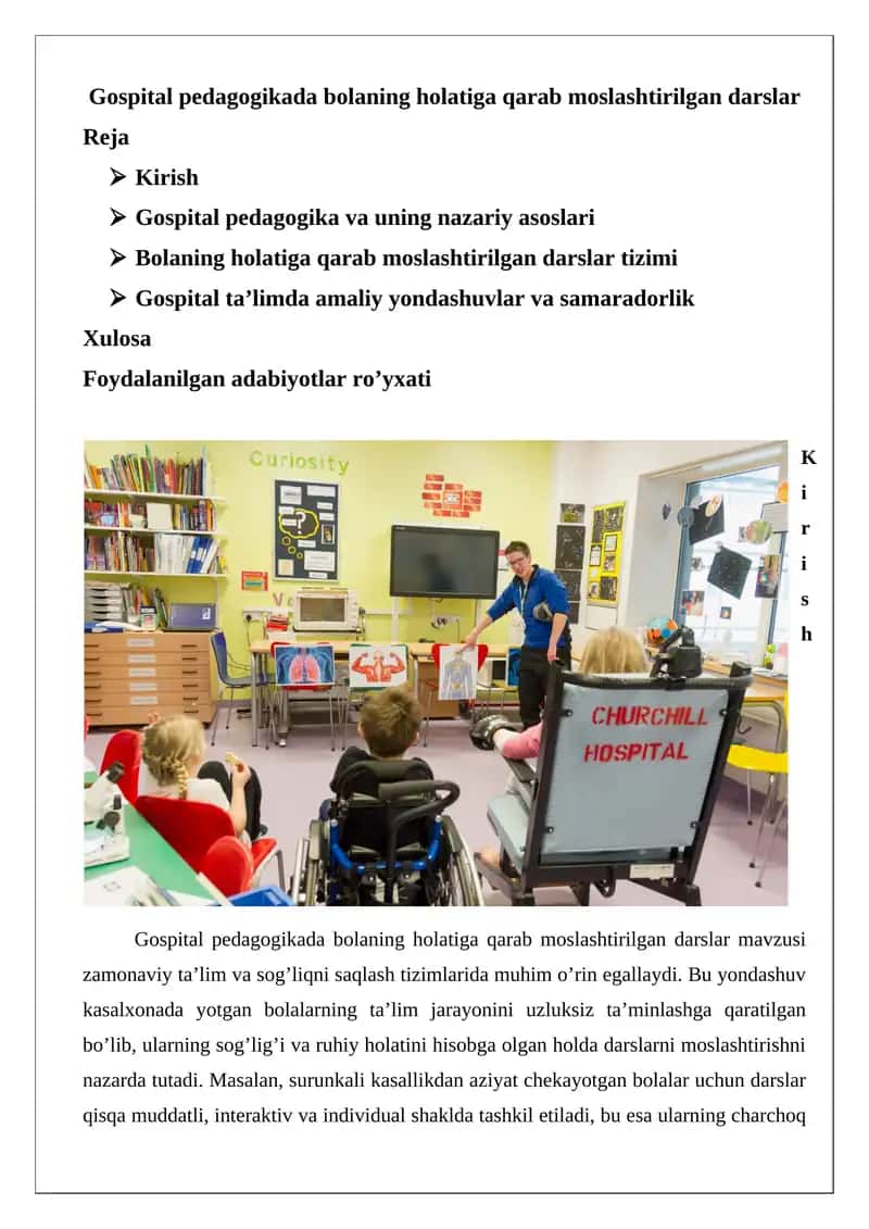 Gospital pedagogikada bolaning holatiga qarab moslashtirilgan darslar 1