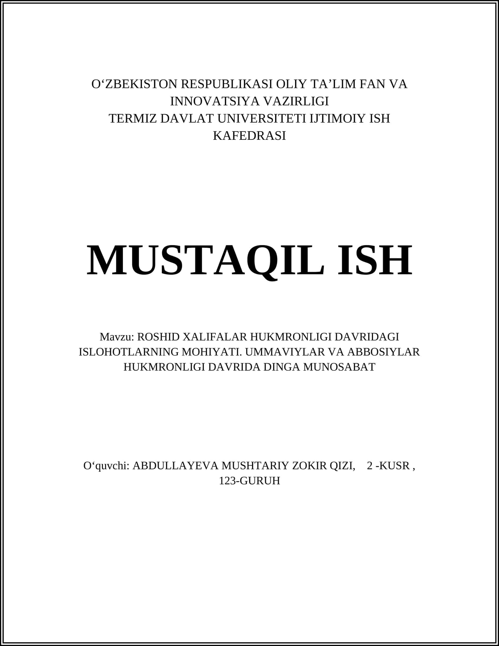 ROSHID XALIFALAR HUKMRONLIGI DAVRIDAGI ISLOHOTLARNING MOHIYATI 1