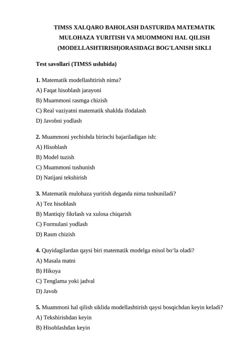 TIMSS XALQARO BAHOLASH DASTURIDA MATEMATIK MULOHAZA YURITISH VA MUOMMONI HAL QILISH (MODELLASHTIRISH)ORASIDAGI BOG'LANISH SIKLI 1