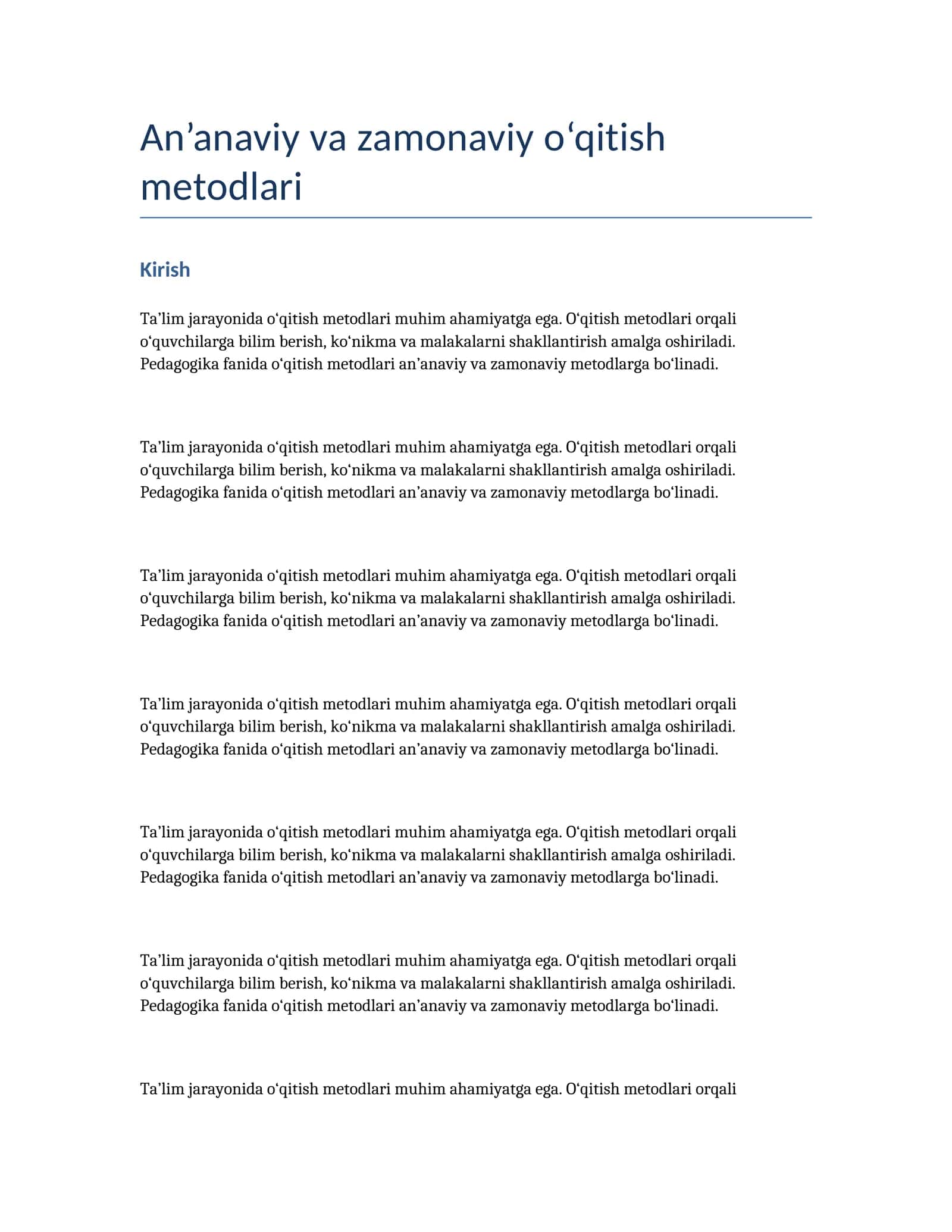An’anaviy va zamonaviy o‘qitish metodlari — Pedagogika kurs ishi 1