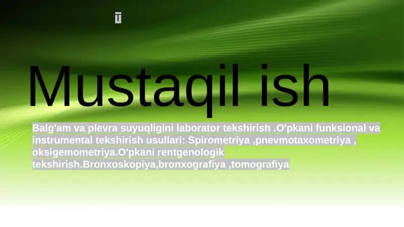 Balg'am va plevra suyuqligini laborator tekshirish .O'pkani funksional va instrumental tekshirish usullari: Spirometriya ,pnevmotaxometriya , oksigemometriya.O'pkani rentgenologik tekshirish.Bronxoskopiya,bronxografiya ,tomografiya 1