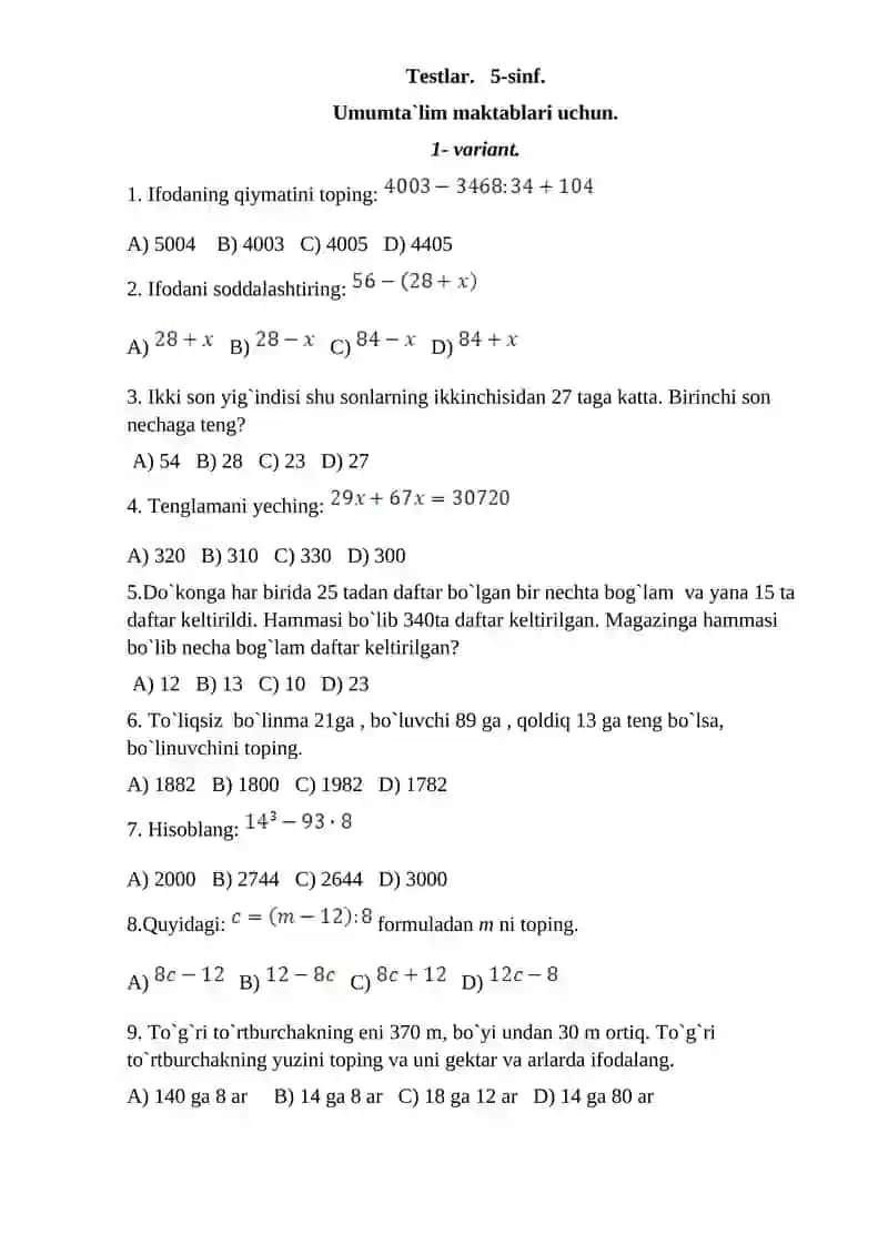 5-6-7-8-sinf MATEMATIKA TESTLAR to’plami 1