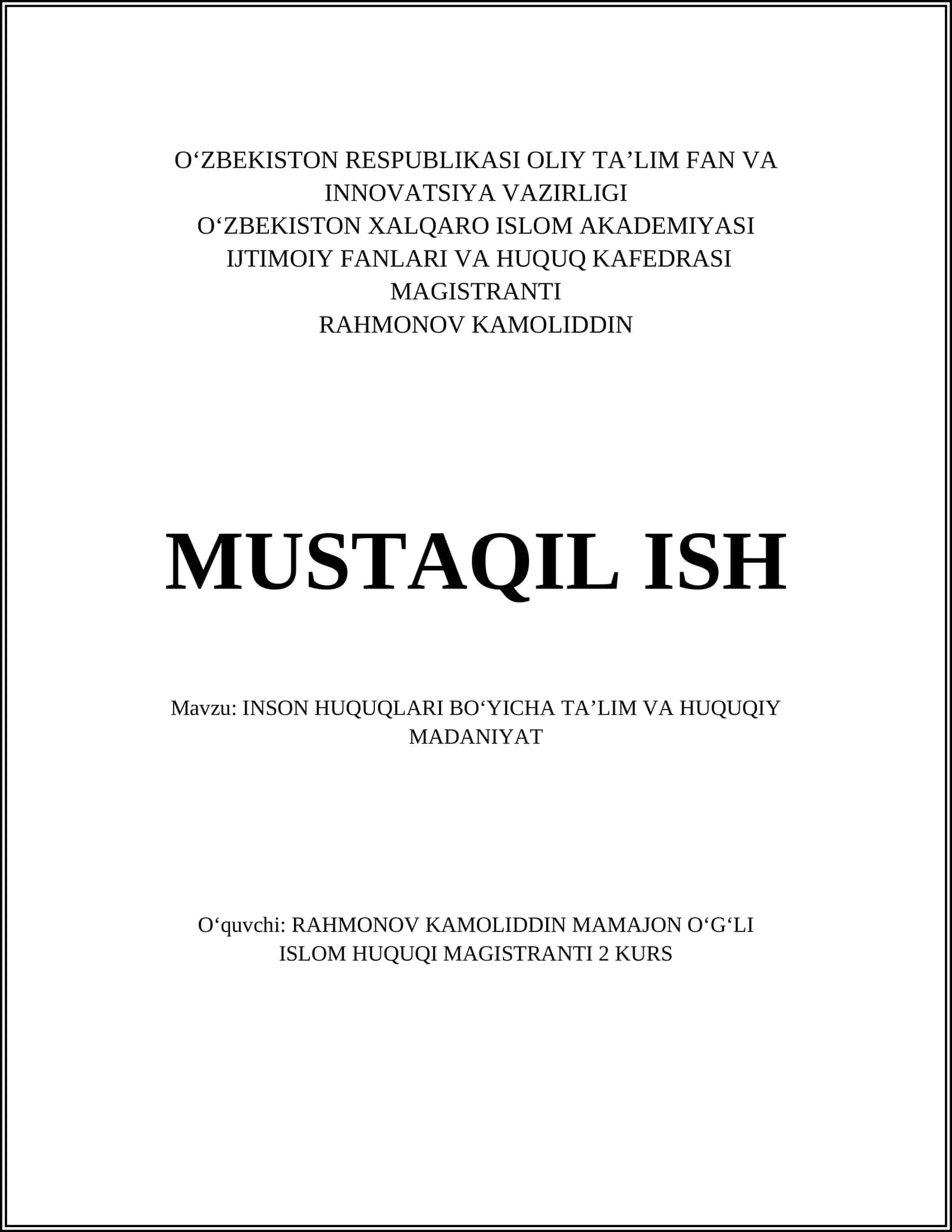 INSON HUQUQLARI BOʻYICHA TAʼLIM VA HUQUQIY MADANIYAT 1