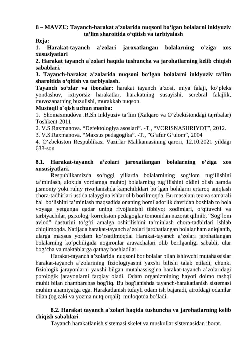 Tayanch-harakat a’zolarida nuqsoni bo‘lgan bolalarni inklyuziv ta’lim sharoitida o‘qitish va tarbiyalash 1