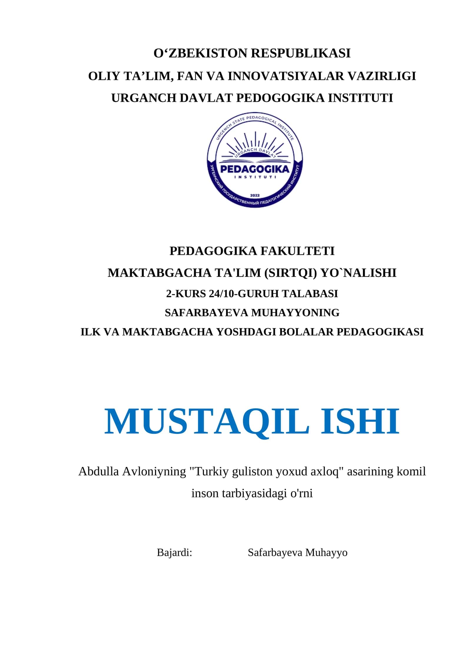 Abdulla Avloniyning Turkiy guliston yoxud axloq asarining komil inson tarbiyasidagi o'rni 1