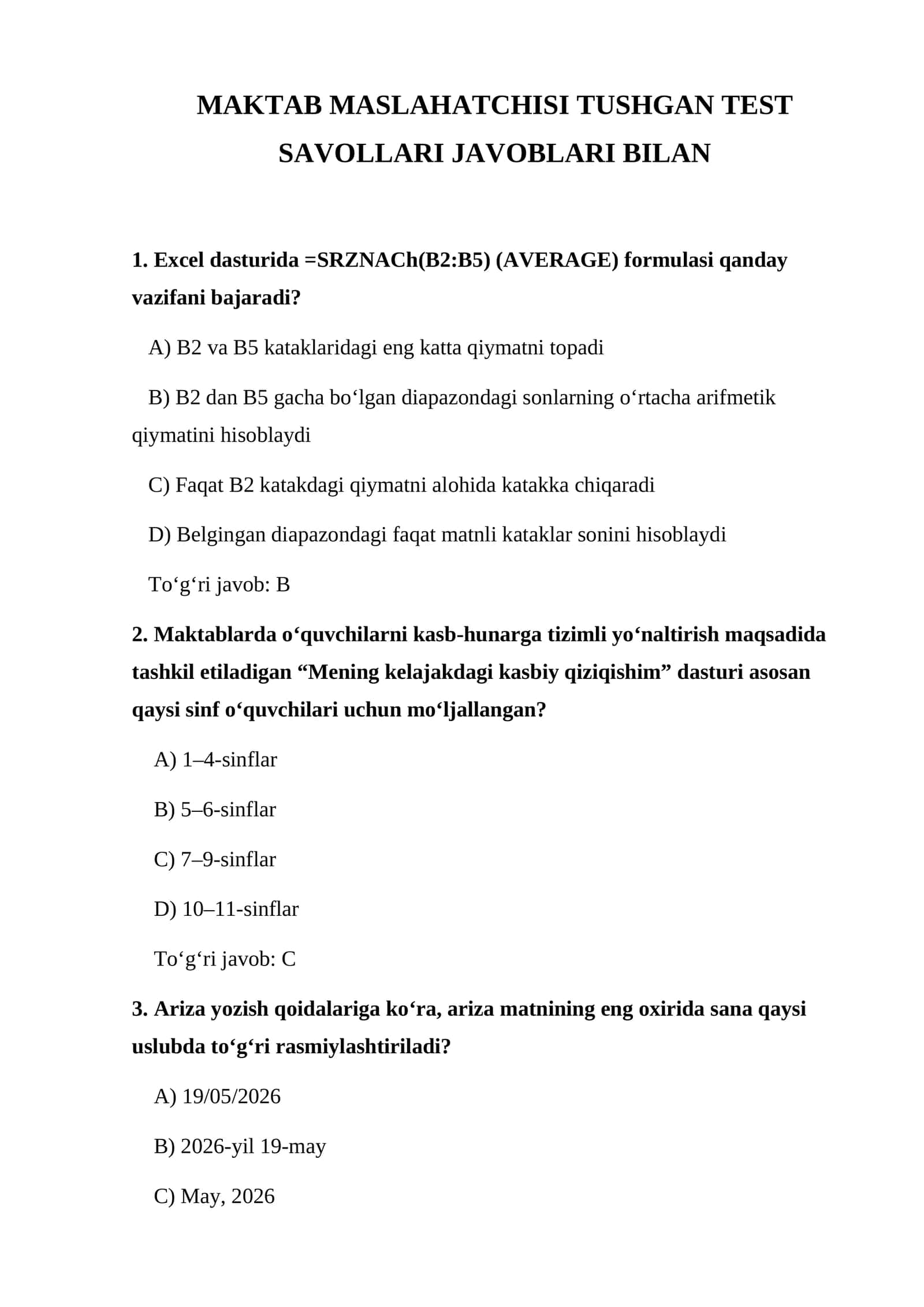 Maktab maslahatchisi tushgan test savollari javoblari bilan 1