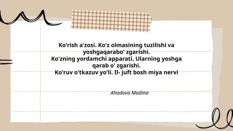 Ko'rish a'zosi. Ko'z olmasining tuzilishi va yoshgaqarabo' zgarishi 1