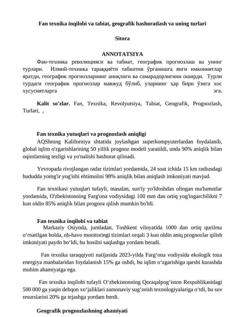 Fan texnika inqilobi va tabiat, geografik bashoratlash va uning turlari 1