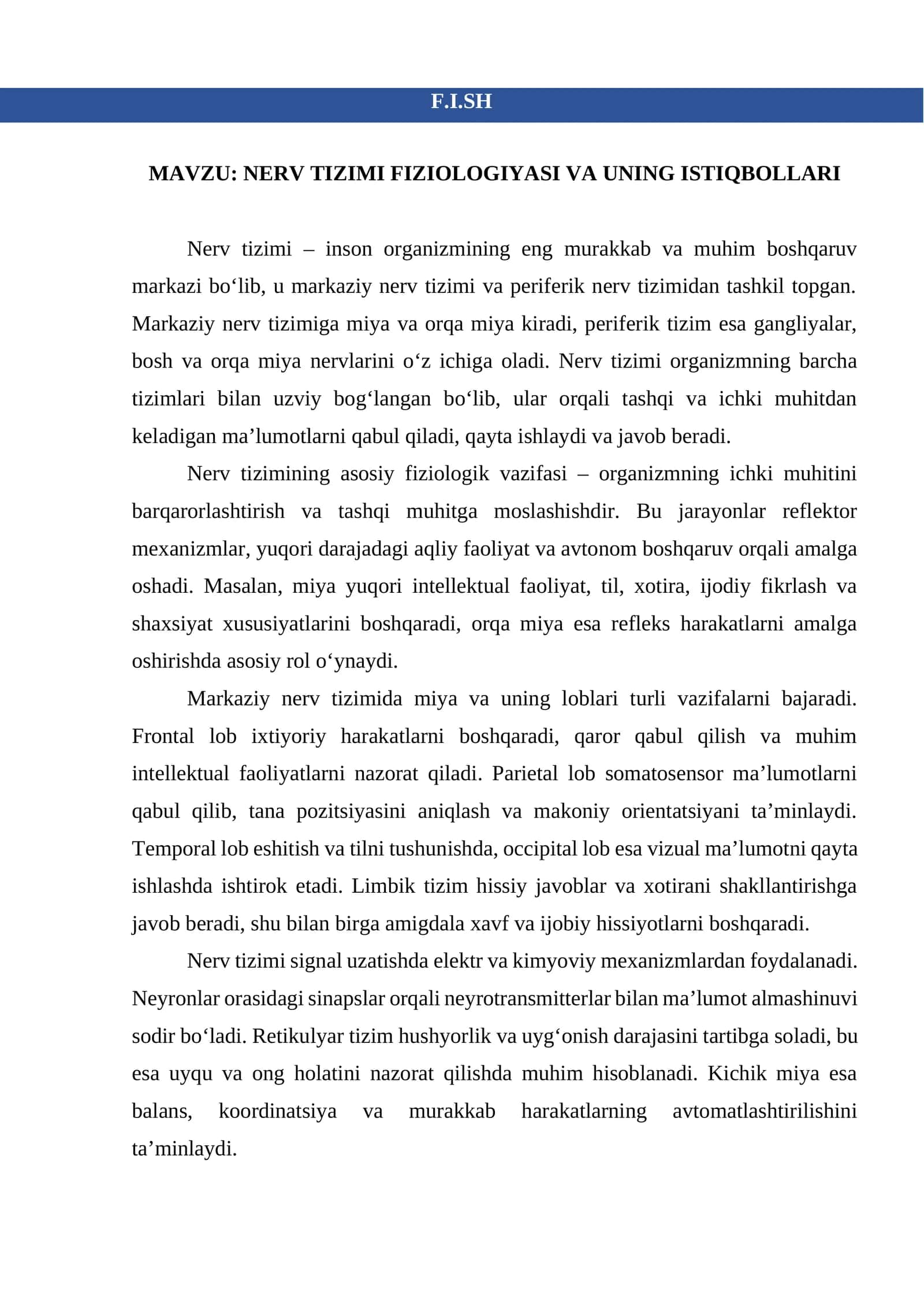 NERV TIZIMI FIZIOLOGIYASI VA UNING ISTIQBOLLARI 1