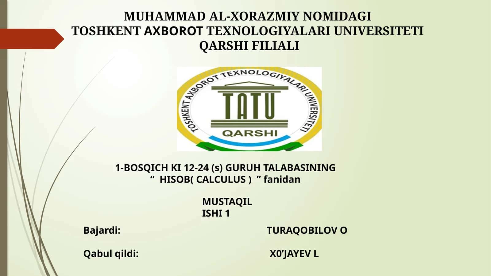 HISOB( CALCULUS ) fanidan MUSTAQIL ISHI 1