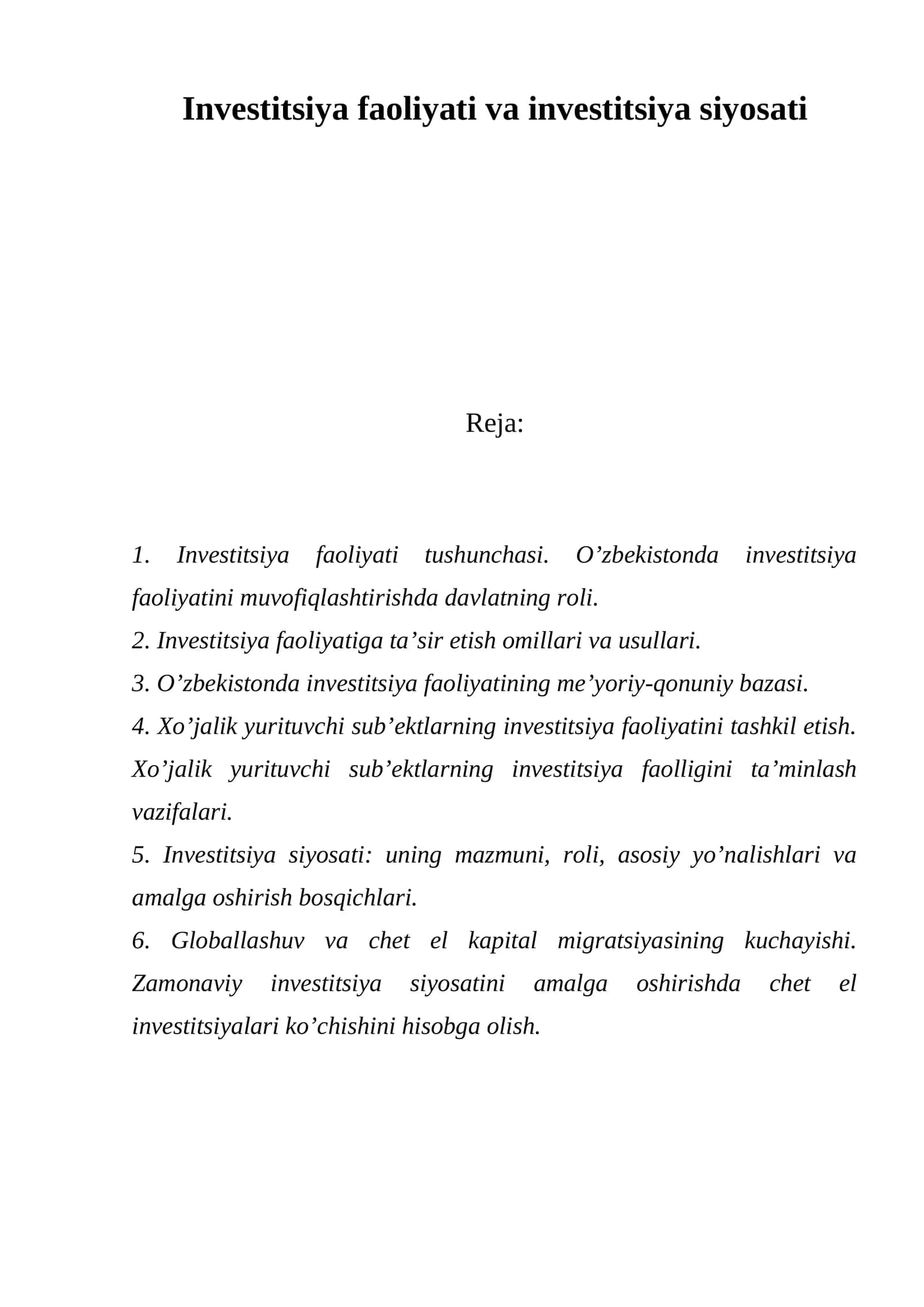 Investitsiya faoliyati va investitsiya siyosati 1