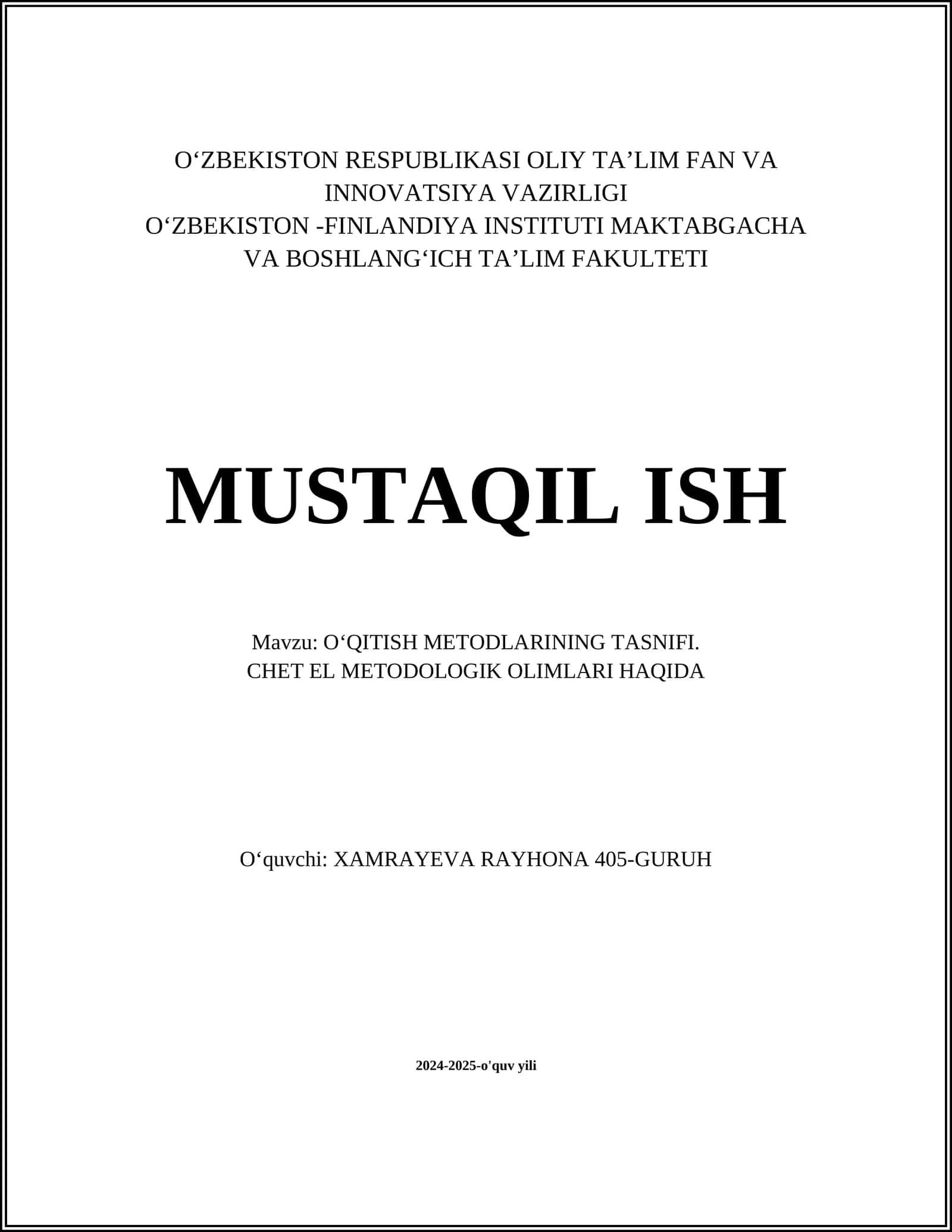 OʻQITISH METODLARINING TASNIFI 1