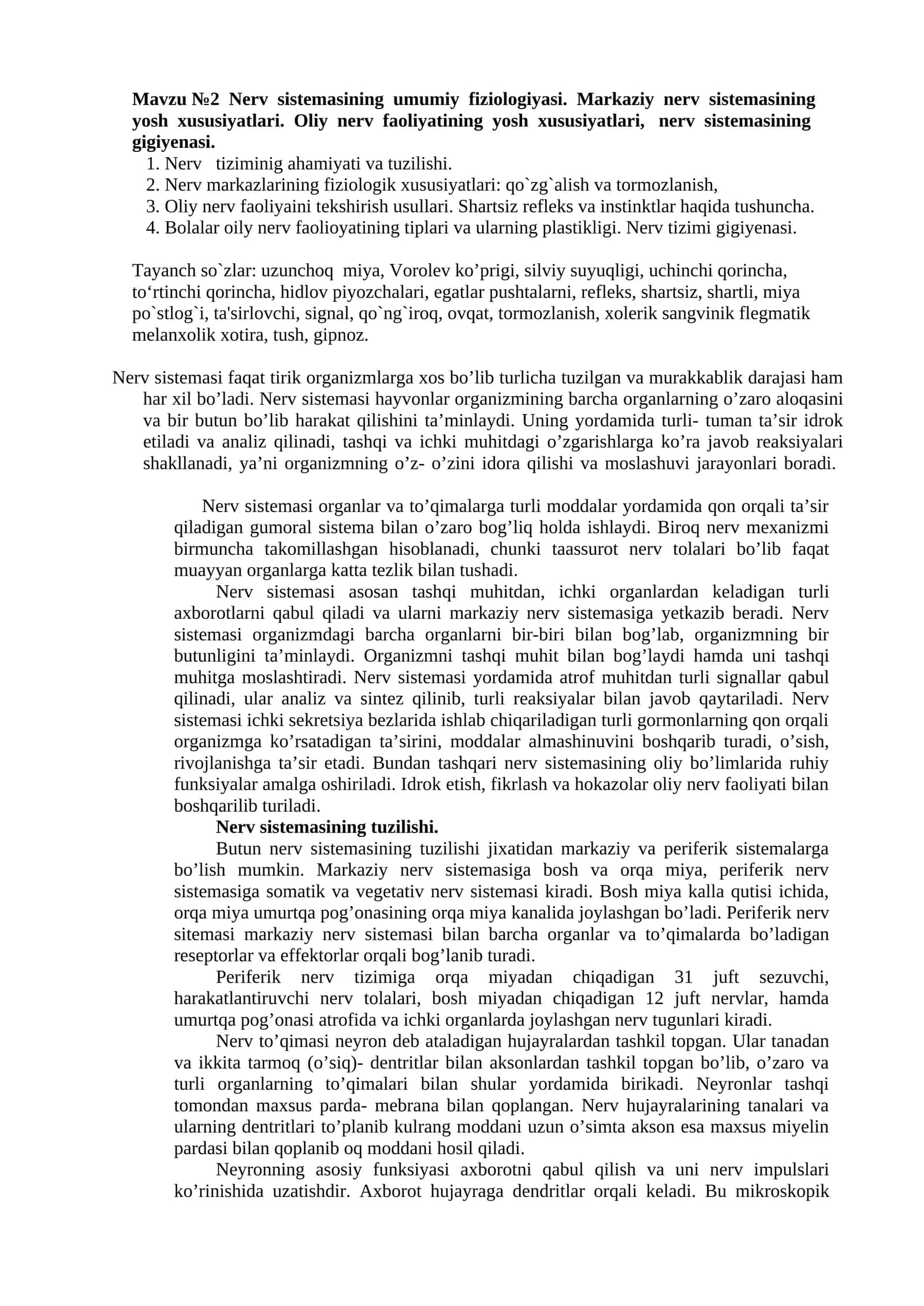 Mavzu №2 Nerv sistemasining umumiy fiziologiyasi 1
