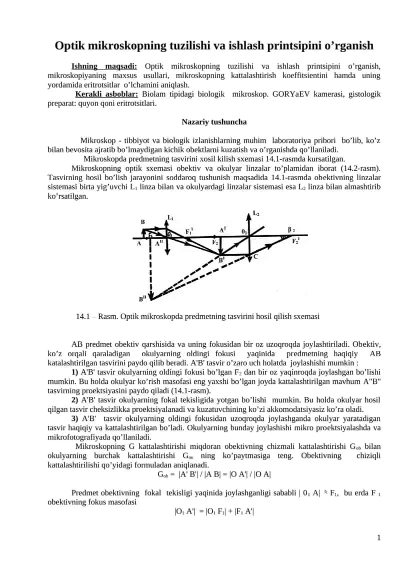 Optik mikroskopning tuzilishi va ishlash printsipini o’rganish 1