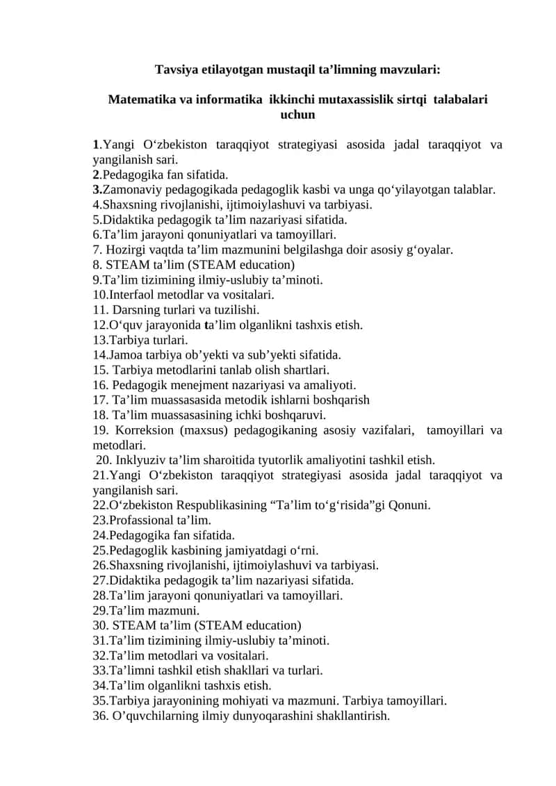 Matematika va informatika ikkinchi mutaxassislik sirtqi talabalari uchun mustaqil ta’limning mavzulari 1