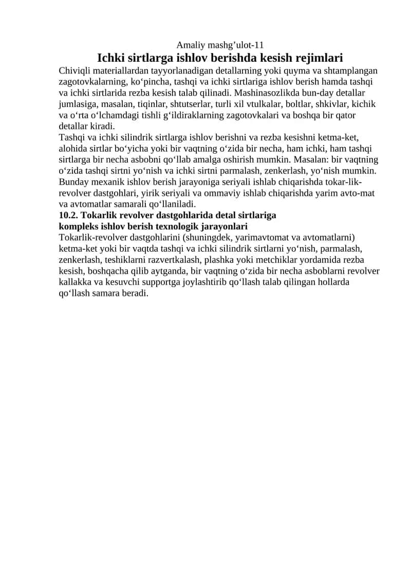 Ichki sirtlarga ishlov berishda kesish rejimlari 1