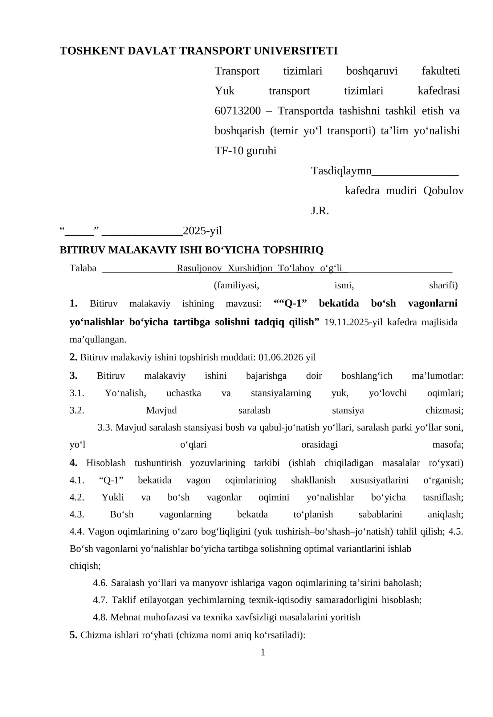 Q-1”  bekatida  bo‘sh  vagonlarni  yo‘nalishlar bo‘yicha tartibga solishni tadqiq qilish 1
