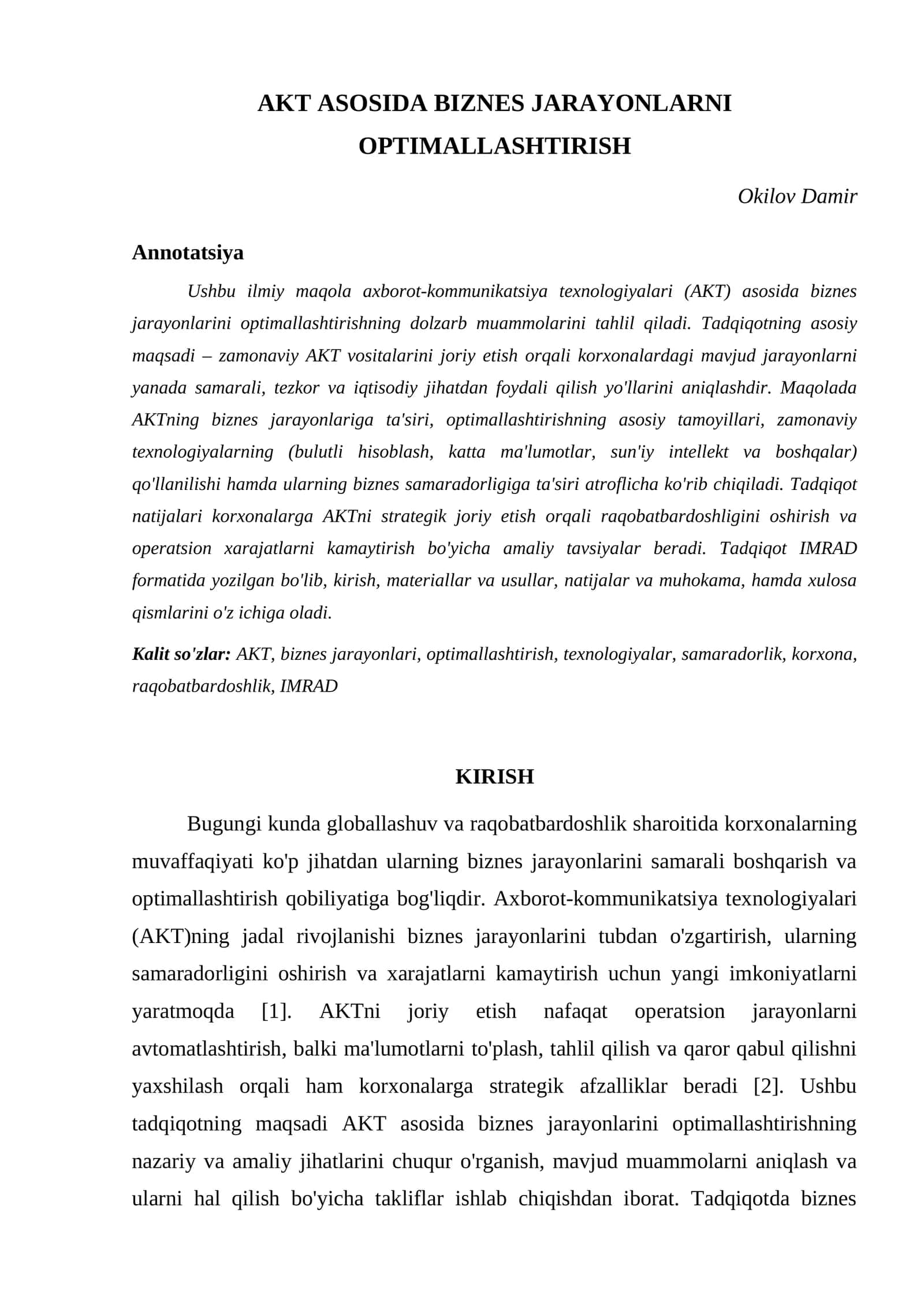 AKT ASOSIDA BIZNES JARAYONLARNI OPTIMALLASHTIRISH 1