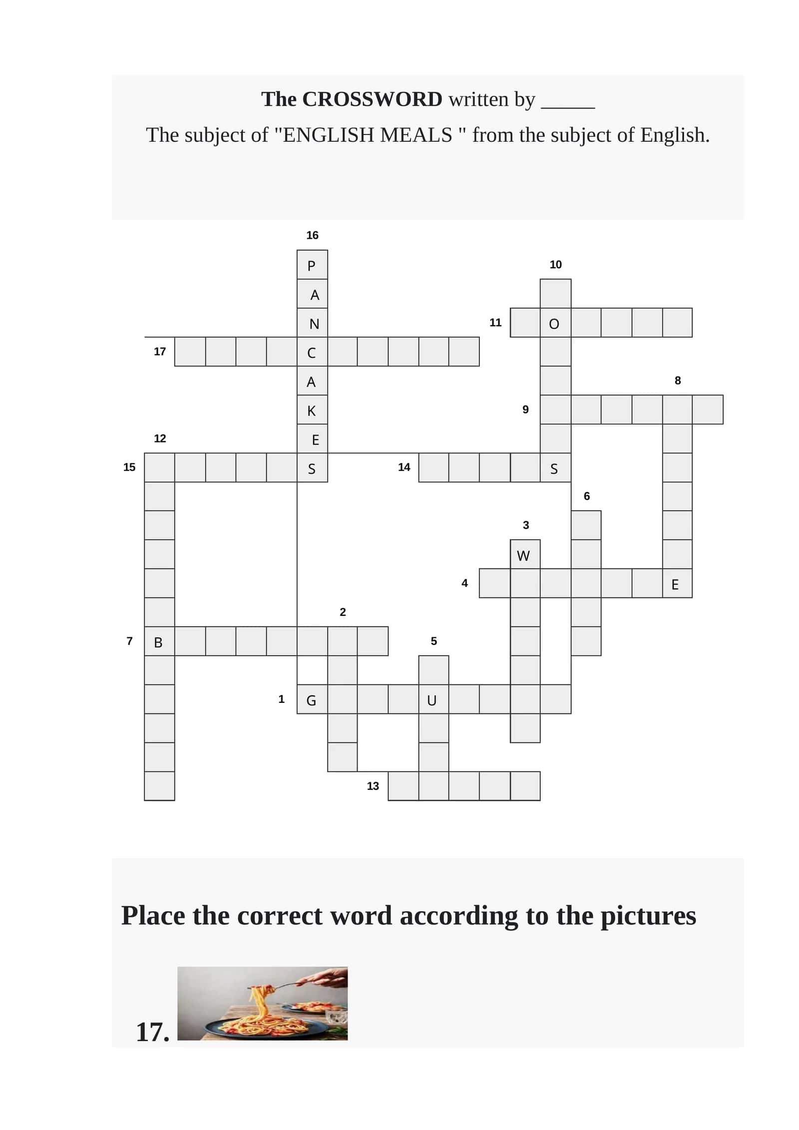 ENGLISH MEALS CROSSWORD 1