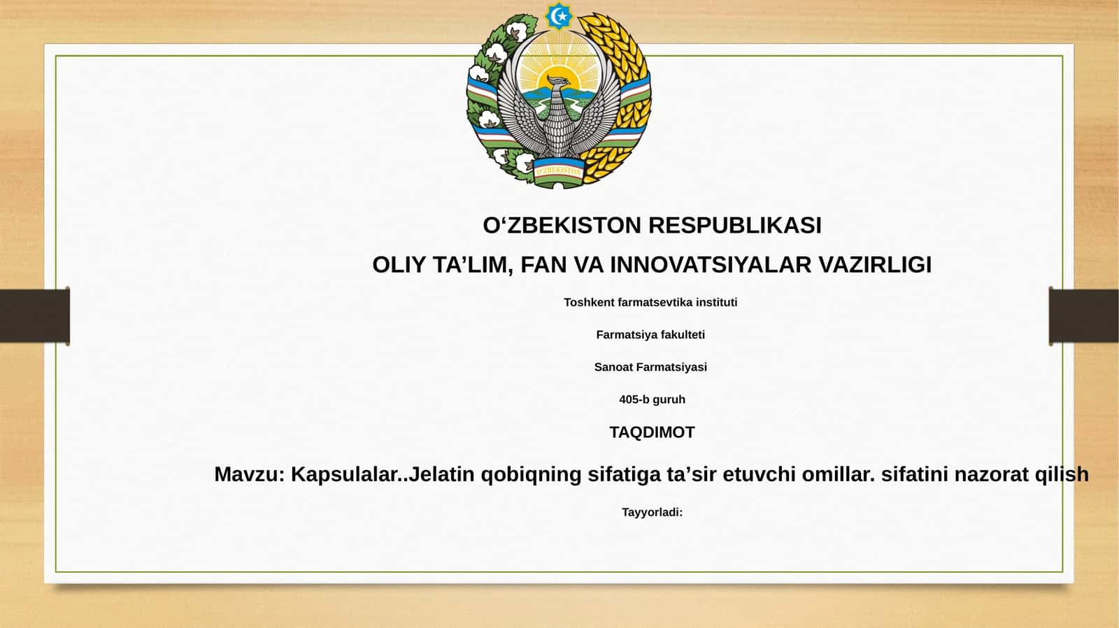 Kapsulalar..Jelatin qobig'ining sifatiga ta'sir etuvchi omillar. sifatinin nazorat qilish 1