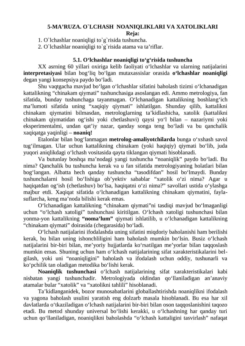 O`LCHASH NOANIQLIKLARI VA XATOLIKLARI 1