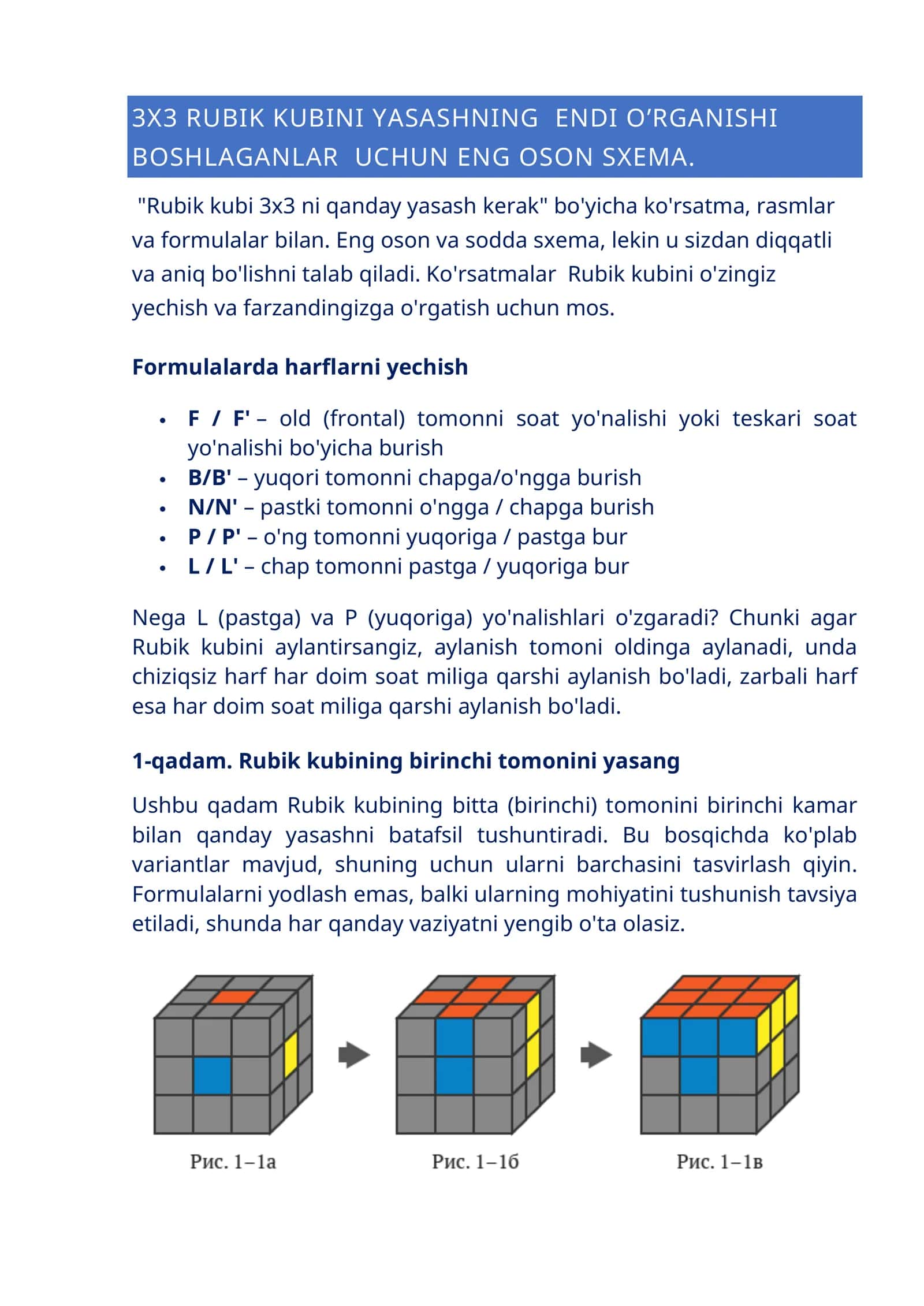 3X3 KUBIK RUBIK YASASHNING  ENDI O’RGANISHI BOSHLAGANLAR  UCHUN ENG OSON SXEMA 1