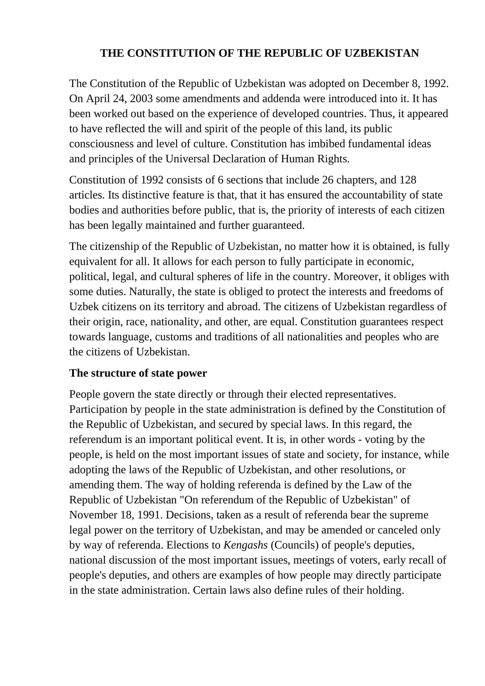 THE CONSTITUTION OF THE REPUBLIC OF UZBEKISTAN 1