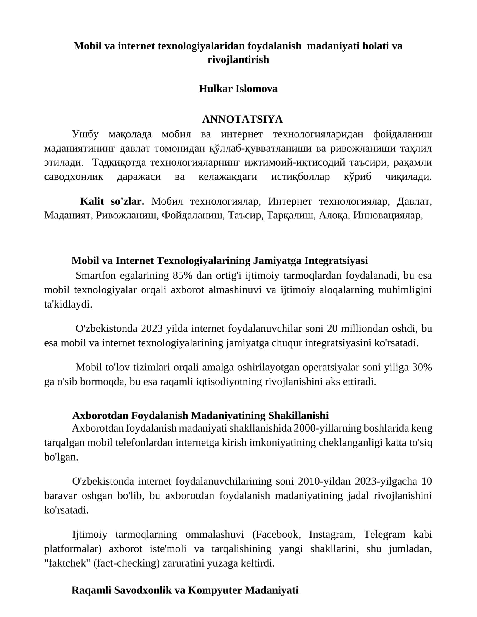 Mobil va Internet Texnologiyalaridan Foydalanish Madaniyati Holati va Rivojlantirish 1