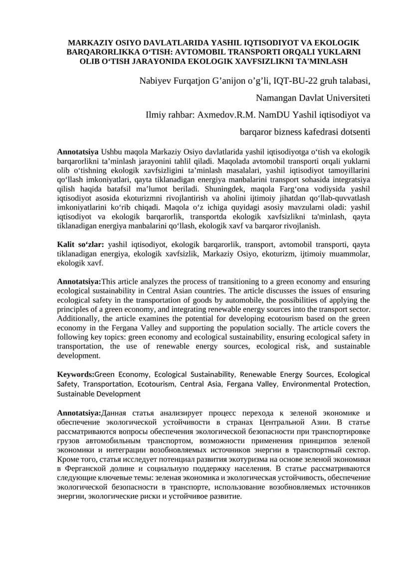 MARKAZIY OSIYO DAVLATLARIDA YASHIL IQTISODIYOT VA EKOLOGIK BARQARORLIKKA O‘TISH: AVTOMOBIL TRANSPORTI ORQALI YUKLARNI OLIB O‘TISH JARAYONIDA EKOLOGIK XAVFSIZLIKNI TA'MINLASH 1