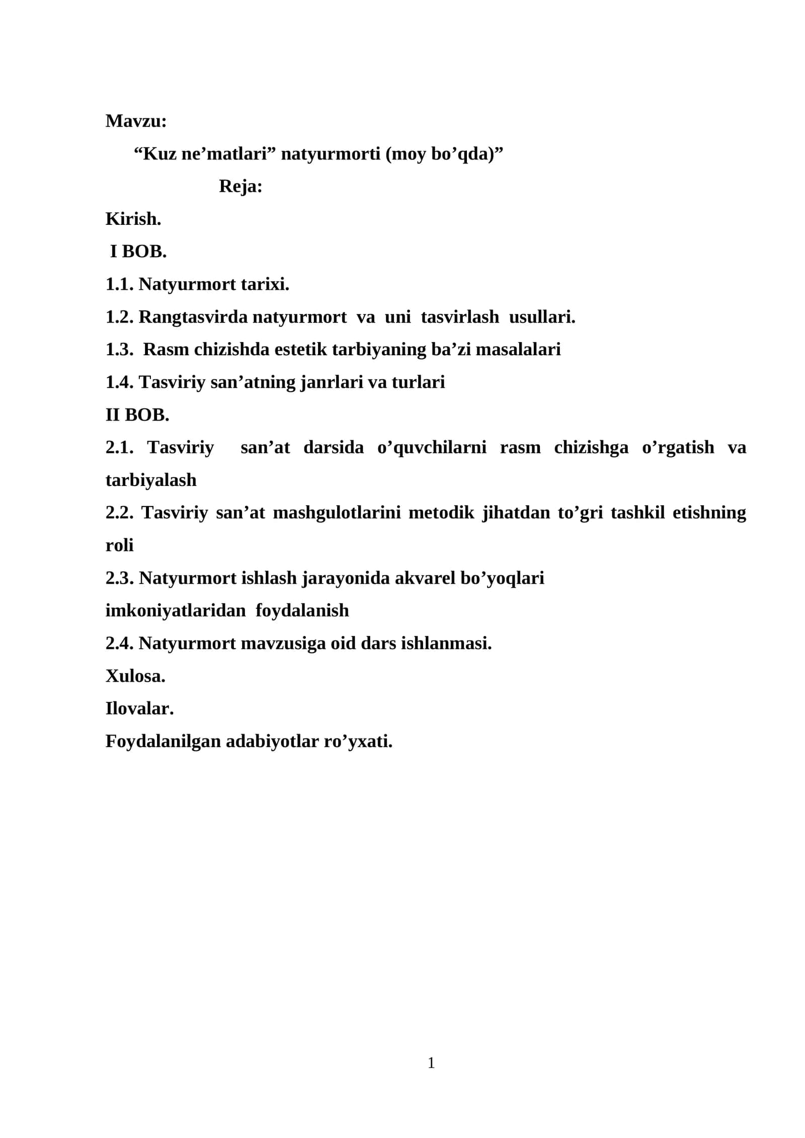 “Kuz ne’matlari” natyurmorti (moy bo’qda)” Bitiruv malakaviy ishi. Kurs ishi 1
