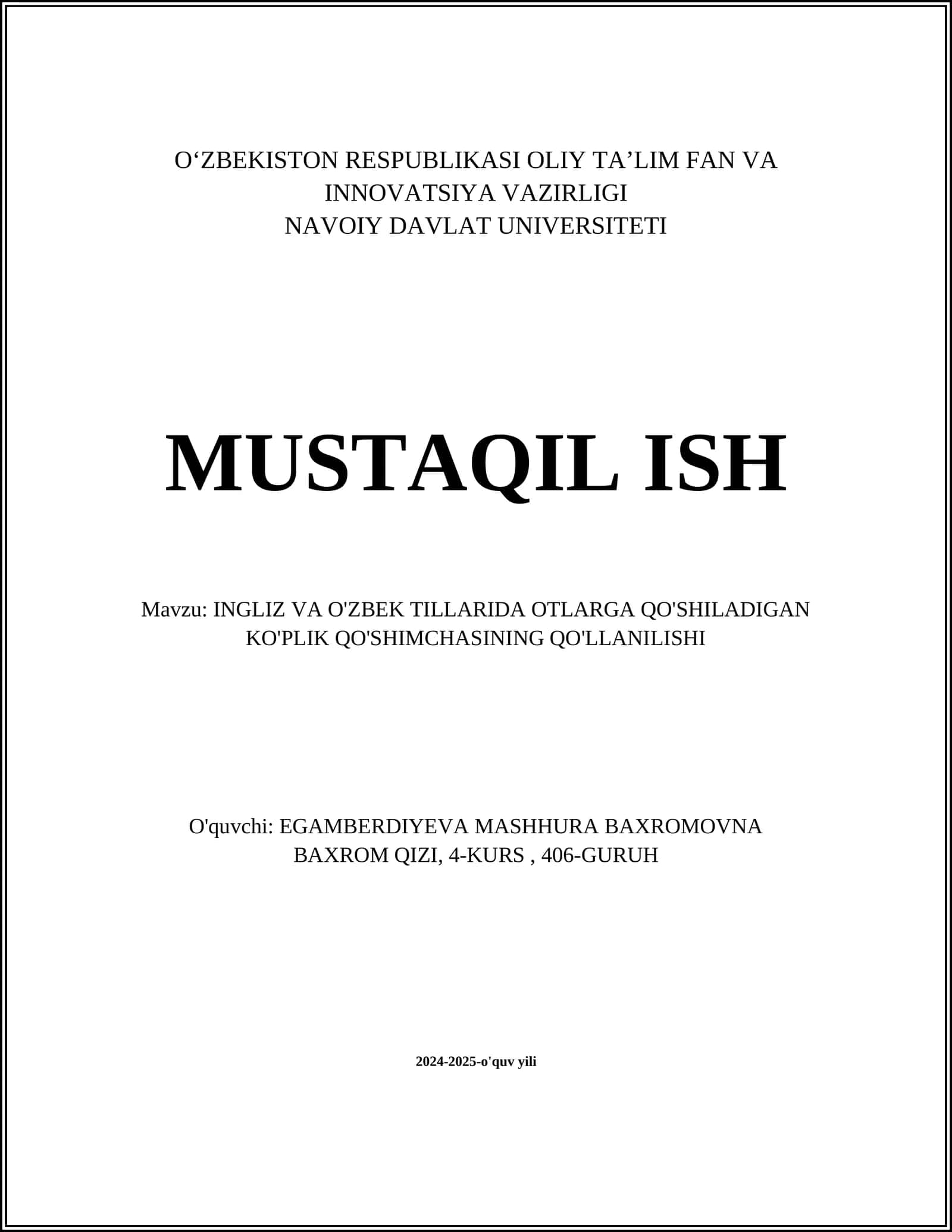 INGLIZ VA O'ZBEK TILLARIDA OTLARGA QO'SHILADIGAN KO'PLIK QO'SHIMCHASINING QO'LLANILISHI 1