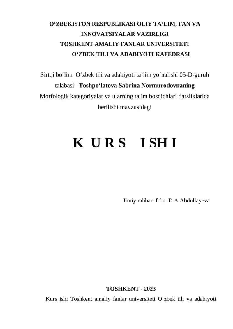 Morfologik kategoriyalar va ularning talim bosqichlari darsliklarida berilishi 1