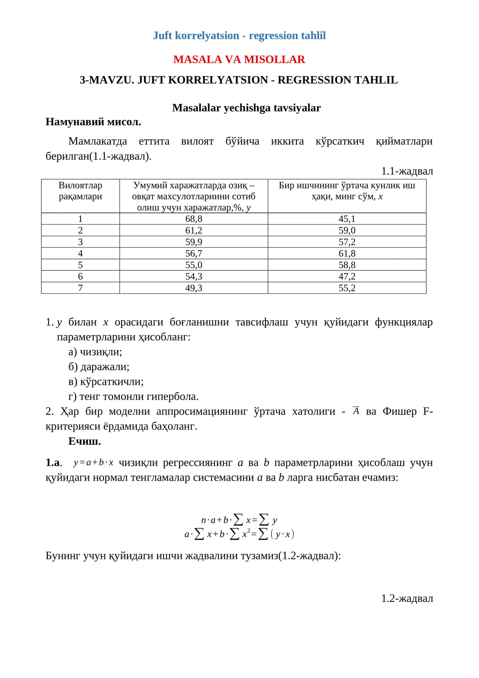JUFT KORRELYATSION - REGRESSION TAHLIL 1