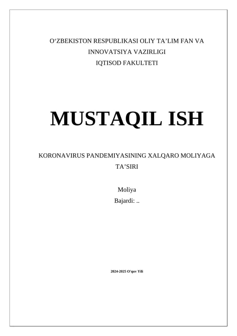 Xalqaro Moliyaga Koronavirus Pandemiyasi Ta'siri 1