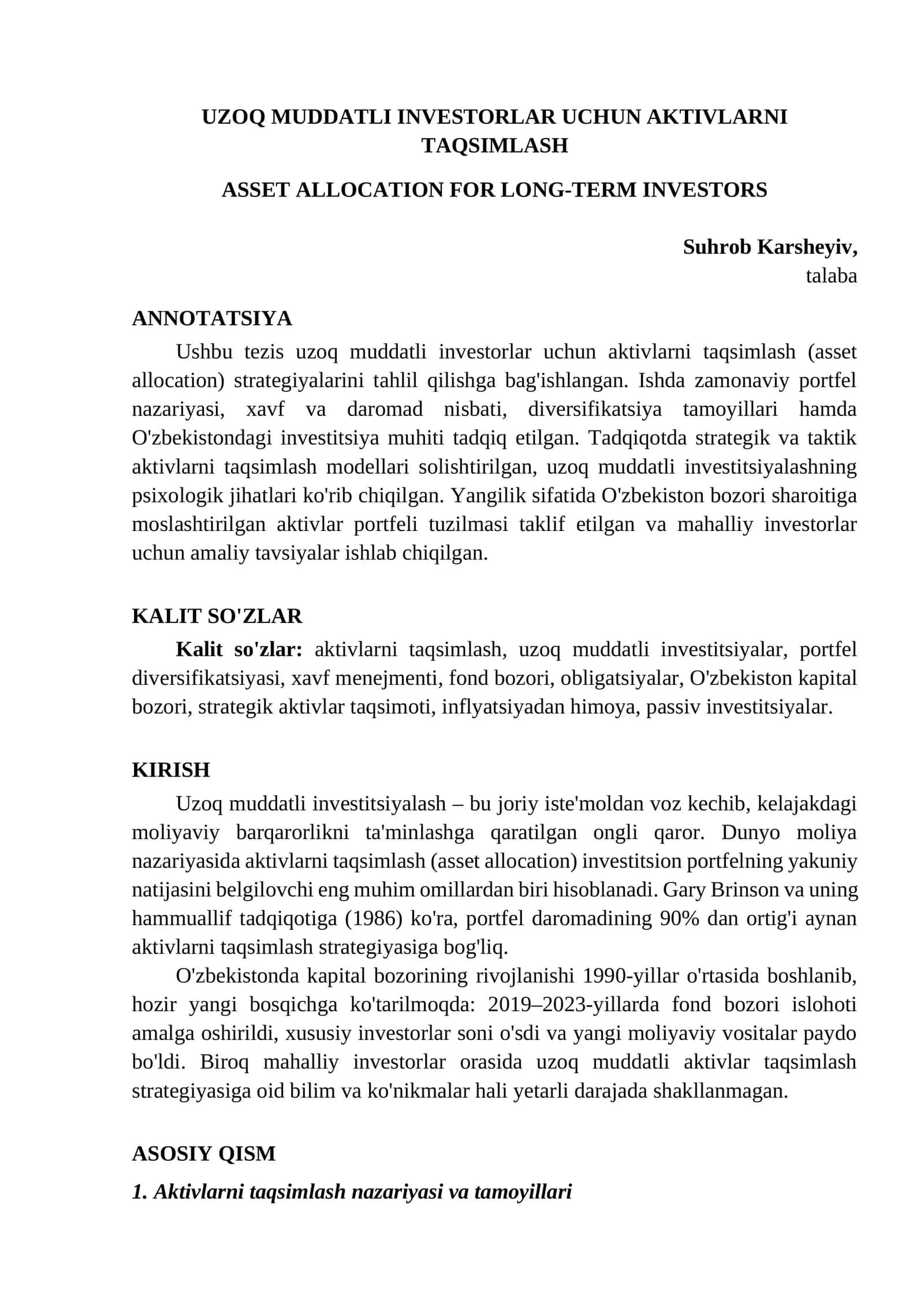 UZOQ MUDDATLI INVESTORLAR UCHUN AKTIVLARNI TAQSIMLASH 1