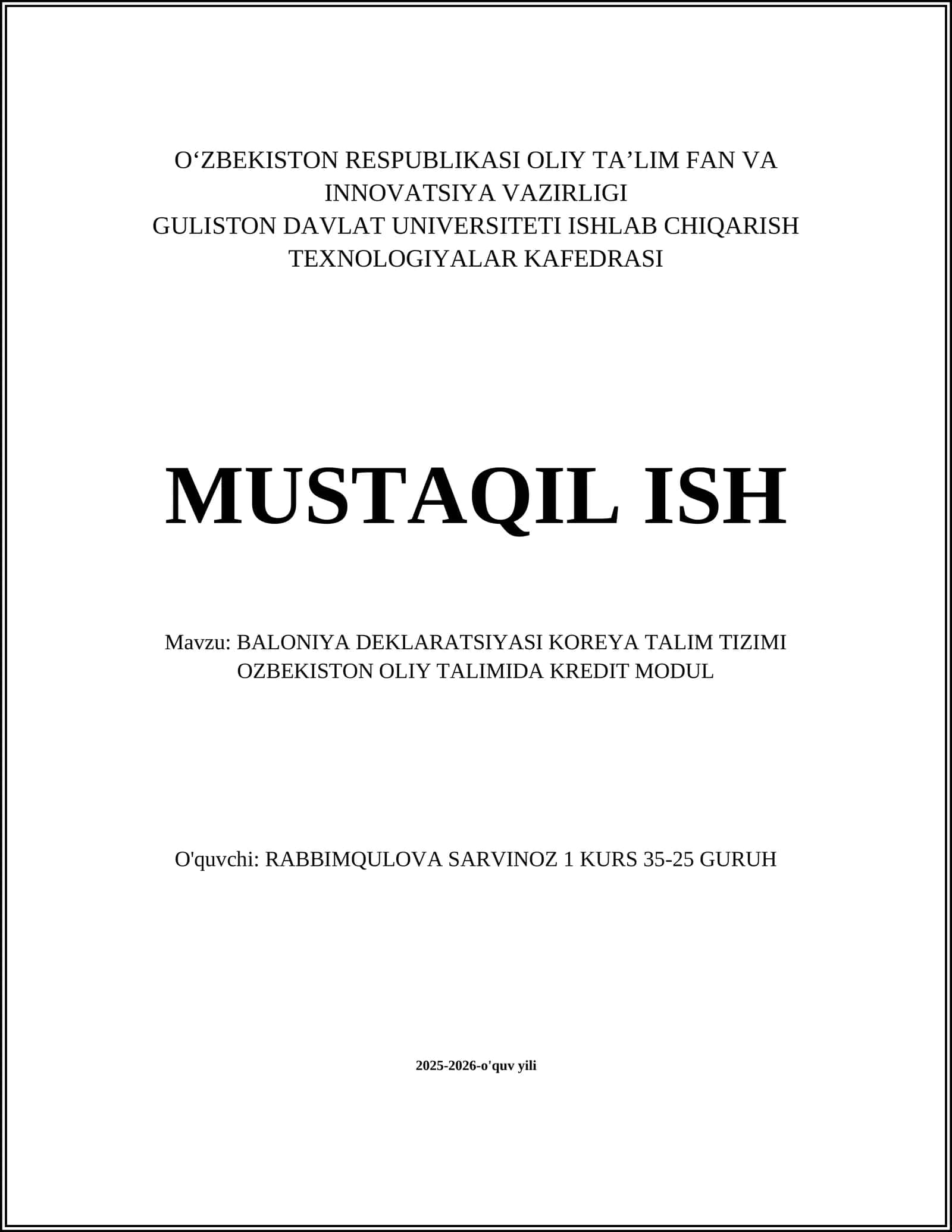BALONIYA DEKLARATSIYASI KOREYA TALIM TIZIMI OZBEKISTON OLIY TALIMIDA KREDIT MODUL 1