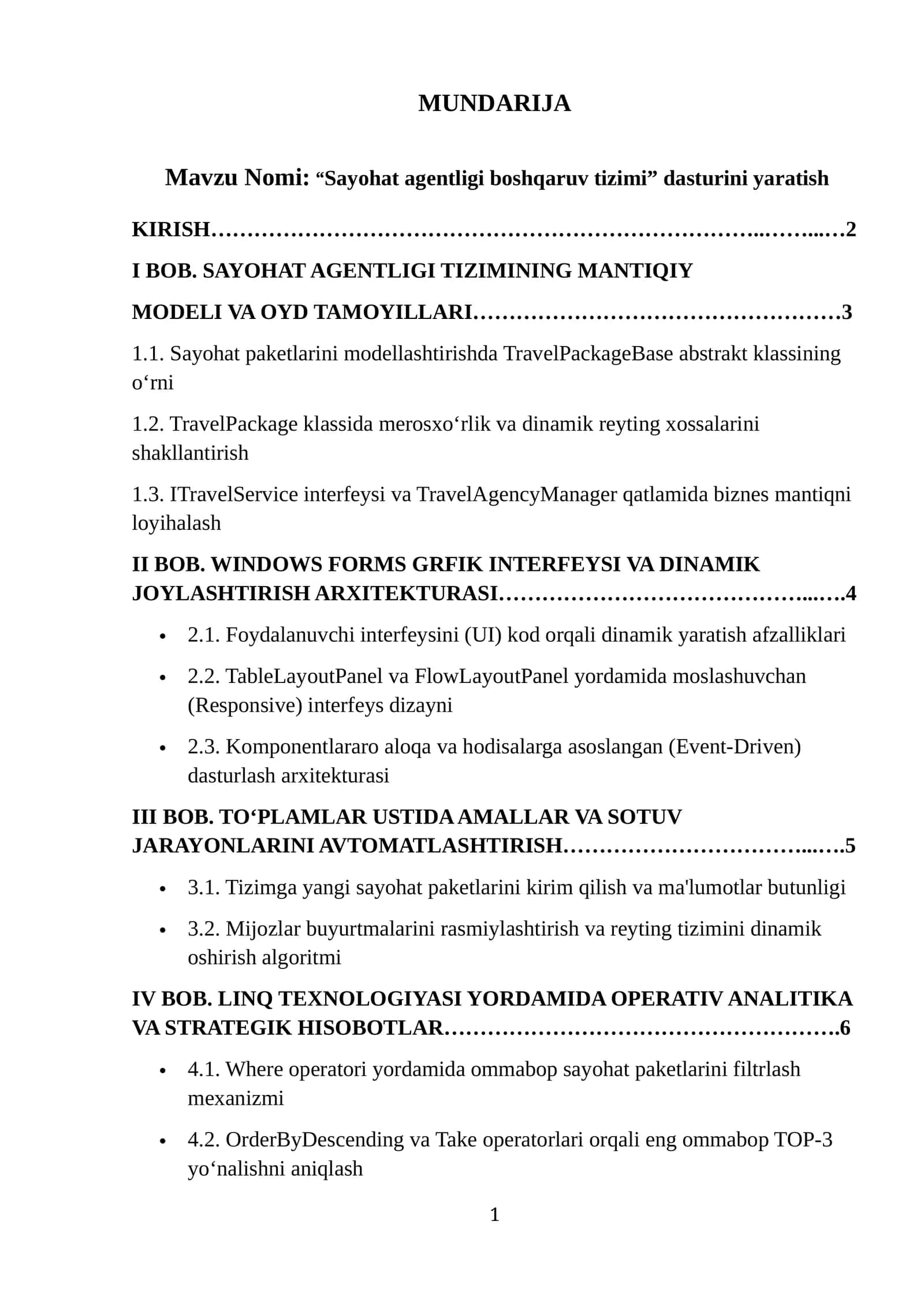“Sayohat agentligi boshqaruv tizimi” dasturini yaratish 1