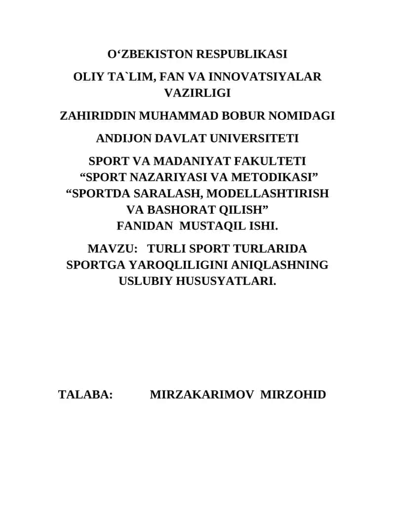 Sportda Saralash, Modellashtirish va Bashorat Qilish 1